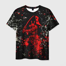 Мужская футболка 3D с принтом Красный Японский Самурай | Samurai в Кировске, 100% полиэфир | прямой крой, круглый вырез горловины, длина до линии бедер | grunge | боевые | брызги | гранж | искусства | краски | полосы | потертости | ронин | самурай