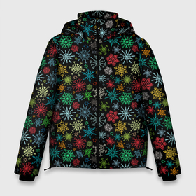Мужская зимняя куртка 3D с принтом Разноцветные Снежинки в Екатеринбурге, верх — 100% полиэстер; подкладка — 100% полиэстер; утеплитель — 100% полиэстер | длина ниже бедра, свободный силуэт Оверсайз. Есть воротник-стойка, отстегивающийся капюшон и ветрозащитная планка. 

Боковые карманы с листочкой на кнопках и внутренний карман на молнии. | merry christmas | дед мороз | ёлка | зима | мороз | новый год | подарок | праздник | рождество | с новым годом | сантаклаус | снег | снеговик | снегурочка | снежинки | снежные узоры | узоры