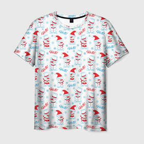 Мужская футболка 3D с принтом Hello в Санкт-Петербурге, 100% полиэфир | прямой крой, круглый вырез горловины, длина до линии бедер | merry christmas | дед мороз | ёлка | зима | новый год | праздник | сантаклаус | снеговики | снегурочка | снежинки | снежная баба