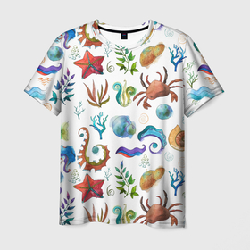 Мужская футболка 3D с принтом Морской паттерн с крабами и водорослями , 100% полиэфир | прямой крой, круглый вырез горловины, длина до линии бедер | водоросли | краб | море | морской | подводный | рыба