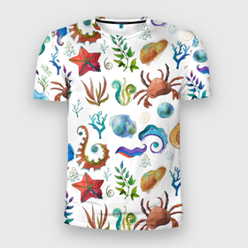 Мужская футболка 3D Slim с принтом Морской паттерн с крабами и водорослями в Белгороде, 100% полиэстер с улучшенными характеристиками | приталенный силуэт, круглая горловина, широкие плечи, сужается к линии бедра | водоросли | краб | море | морской | подводный | рыба