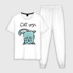 Мужская пижама хлопок с принтом Кот и йога в Белгороде, 100% хлопок | брюки и футболка прямого кроя, без карманов, на брюках мягкая резинка на поясе и по низу штанин
 | 
