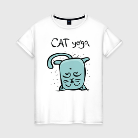 Женская футболка хлопок с принтом Кот и йога в Петрозаводске, 100% хлопок | прямой крой, круглый вырез горловины, длина до линии бедер, слегка спущенное плечо | 