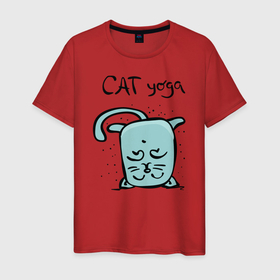 Мужская футболка хлопок с принтом Кот и йога в Белгороде, 100% хлопок | прямой крой, круглый вырез горловины, длина до линии бедер, слегка спущенное плечо. | 