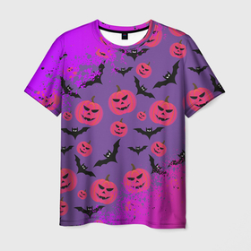 Мужская футболка 3D с принтом HALLOWEEN NEON в Тюмени, 100% полиэфир | прямой крой, круглый вырез горловины, длина до линии бедер | bat | gourd | halloween | haloween | melon | neon | pumpkin | squash | неон | тыква | хеллоин | хеллоуин | хелоин | хэллоуин
