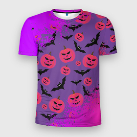Мужская футболка 3D Slim с принтом HALLOWEEN NEON в Курске, 100% полиэстер с улучшенными характеристиками | приталенный силуэт, круглая горловина, широкие плечи, сужается к линии бедра | Тематика изображения на принте: bat | gourd | halloween | haloween | melon | neon | pumpkin | squash | неон | тыква | хеллоин | хеллоуин | хелоин | хэллоуин