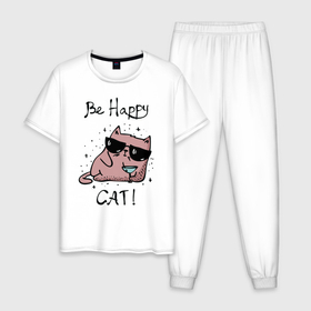 Мужская пижама хлопок с принтом Кот на вечеринке в Курске, 100% хлопок | брюки и футболка прямого кроя, без карманов, на брюках мягкая резинка на поясе и по низу штанин
 | 
