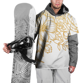 Накидка на куртку 3D с принтом Золотые цветы на белом в Курске, 100% полиэстер |  | лето | листья | природа | цветы