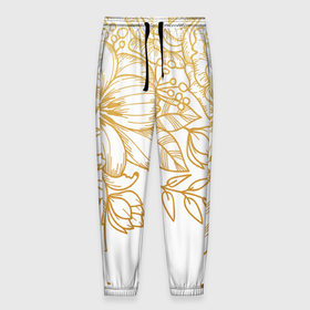 Мужские брюки 3D с принтом Золотые цветы на белом в Кировске, 100% полиэстер | манжеты по низу, эластичный пояс регулируется шнурком, по бокам два кармана без застежек, внутренняя часть кармана из мелкой сетки | лето | листья | природа | цветы