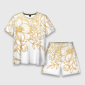 Мужской костюм с шортами 3D с принтом Золотые цветы на белом в Кировске,  |  | лето | листья | природа | цветы