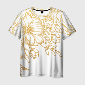 Мужская футболка 3D с принтом Золотые цветы на белом в Тюмени, 100% полиэфир | прямой крой, круглый вырез горловины, длина до линии бедер | лето | листья | природа | цветы