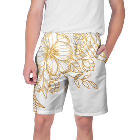 Мужские шорты 3D с принтом Золотые цветы на белом в Тюмени,  полиэстер 100% | прямой крой, два кармана без застежек по бокам. Мягкая трикотажная резинка на поясе, внутри которой широкие завязки. Длина чуть выше колен | лето | листья | природа | цветы