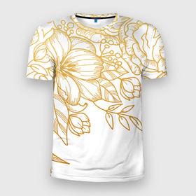 Мужская футболка 3D Slim с принтом Золотые цветы на белом в Тюмени, 100% полиэстер с улучшенными характеристиками | приталенный силуэт, круглая горловина, широкие плечи, сужается к линии бедра | лето | листья | природа | цветы