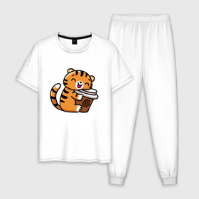 Мужская пижама хлопок с принтом Тигренок и кофе в Петрозаводске, 100% хлопок | брюки и футболка прямого кроя, без карманов, на брюках мягкая резинка на поясе и по низу штанин
 | 2022 | год тигра | новый год | новый год 2022 | символ года | тигр | тигренок | тигрица | тигры