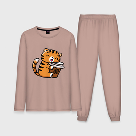 Мужская пижама хлопок (с лонгсливом) с принтом Тигренок и кофе в Петрозаводске,  |  | 2022 | год тигра | новый год | новый год 2022 | символ года | тигр | тигренок | тигрица | тигры