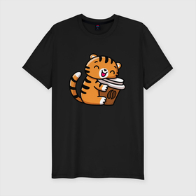 Мужская футболка хлопок Slim с принтом Тигренок и кофе в Петрозаводске, 92% хлопок, 8% лайкра | приталенный силуэт, круглый вырез ворота, длина до линии бедра, короткий рукав | 2022 | год тигра | новый год | новый год 2022 | символ года | тигр | тигренок | тигрица | тигры