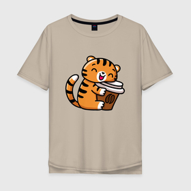 Мужская футболка хлопок Oversize с принтом Тигренок и кофе в Петрозаводске, 100% хлопок | свободный крой, круглый ворот, “спинка” длиннее передней части | 2022 | год тигра | новый год | новый год 2022 | символ года | тигр | тигренок | тигрица | тигры