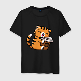Мужская футболка хлопок с принтом Тигренок и кофе в Петрозаводске, 100% хлопок | прямой крой, круглый вырез горловины, длина до линии бедер, слегка спущенное плечо. | 2022 | год тигра | новый год | новый год 2022 | символ года | тигр | тигренок | тигрица | тигры