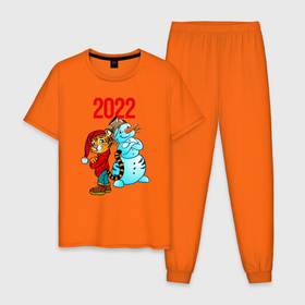 Мужская пижама хлопок с принтом Тигр и снеговик 2022 в Тюмени, 100% хлопок | брюки и футболка прямого кроя, без карманов, на брюках мягкая резинка на поясе и по низу штанин
 | 2022 | год тигра | новый год | новый год 2022 | символ года | тигр | тигренок | тигрица | тигры