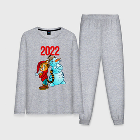Мужская пижама хлопок (с лонгсливом) с принтом Тигр и снеговик 2022 в Екатеринбурге,  |  | 2022 | год тигра | новый год | новый год 2022 | символ года | тигр | тигренок | тигрица | тигры