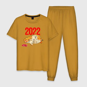 Мужская пижама хлопок с принтом Ленивый толстый тигр 2022 в Кировске, 100% хлопок | брюки и футболка прямого кроя, без карманов, на брюках мягкая резинка на поясе и по низу штанин
 | 2022 | год тигра | новый год | новый год 2022 | символ года | тигр | тигренок | тигрица | тигры
