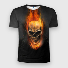 Мужская футболка 3D Slim с принтом Призрак в огне в Новосибирске, 100% полиэстер с улучшенными характеристиками | приталенный силуэт, круглая горловина, широкие плечи, сужается к линии бедра | Тематика изображения на принте: арт | всадник | огонь | призрак | серый