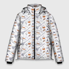 Мужская зимняя куртка 3D с принтом Patern Halloween 6 в Белгороде, верх — 100% полиэстер; подкладка — 100% полиэстер; утеплитель — 100% полиэстер | длина ниже бедра, свободный силуэт Оверсайз. Есть воротник-стойка, отстегивающийся капюшон и ветрозащитная планка. 

Боковые карманы с листочкой на кнопках и внутренний карман на молнии. | Тематика изображения на принте: 31 | bones | holiday | skull | spider | witches