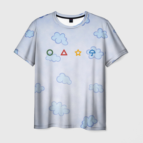 Мужская футболка 3D с принтом Ojingeo geim   Облака в Тюмени, 100% полиэфир | прямой крой, круглый вырез горловины, длина до линии бедер | game | korea | netflix | ojingeo | ojingeo geim | squid | squid game | игра в кальмара | кальмар | корея | облака | фигуры