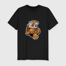 Мужская футболка хлопок Slim с принтом Boom Tiger в Белгороде, 92% хлопок, 8% лайкра | приталенный силуэт, круглый вырез ворота, длина до линии бедра, короткий рукав | 2022 | animal | cat | lion | tiger | год тигра | животные | зверь | зубы | кот | кошка | лев | охотник | полосатый | природа | тигр | тигренок | тигрица | хищник