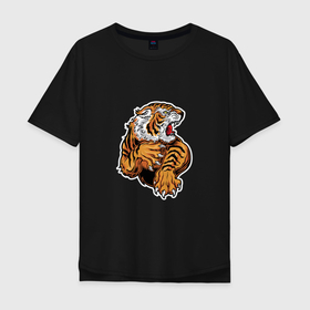 Мужская футболка хлопок Oversize с принтом Boom Tiger в Екатеринбурге, 100% хлопок | свободный крой, круглый ворот, “спинка” длиннее передней части | Тематика изображения на принте: 2022 | animal | cat | lion | tiger | год тигра | животные | зверь | зубы | кот | кошка | лев | охотник | полосатый | природа | тигр | тигренок | тигрица | хищник