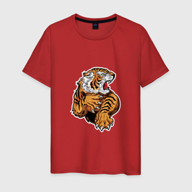 Мужская футболка хлопок с принтом Boom Tiger в Екатеринбурге, 100% хлопок | прямой крой, круглый вырез горловины, длина до линии бедер, слегка спущенное плечо. | 2022 | animal | cat | lion | tiger | год тигра | животные | зверь | зубы | кот | кошка | лев | охотник | полосатый | природа | тигр | тигренок | тигрица | хищник