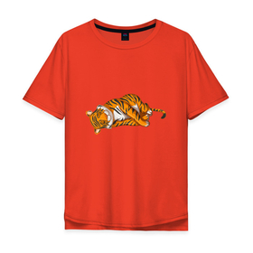 Мужская футболка хлопок Oversize с принтом Спящий тигр в Екатеринбурге, 100% хлопок | свободный крой, круглый ворот, “спинка” длиннее передней части | Тематика изображения на принте: 2022 | animal | cat | lion | tiger | год тигра | животные | зверь | зубы | кот | кошка | лев | охотник | полосатый | природа | тигр | тигренок | тигрица | хищник