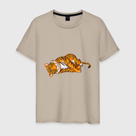 Мужская футболка хлопок с принтом Спящий тигр в Екатеринбурге, 100% хлопок | прямой крой, круглый вырез горловины, длина до линии бедер, слегка спущенное плечо. | 2022 | animal | cat | lion | tiger | год тигра | животные | зверь | зубы | кот | кошка | лев | охотник | полосатый | природа | тигр | тигренок | тигрица | хищник