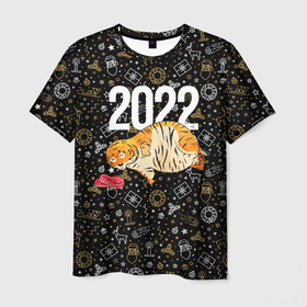 Мужская футболка 3D с принтом Ленивый толстый тигр в Новосибирске, 100% полиэфир | прямой крой, круглый вырез горловины, длина до линии бедер | 2022 | год тигра | новый год | новый год 2022 | символ года | тигр | тигренок | тигрица | тигры