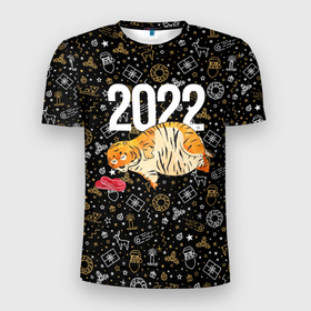 Мужская футболка 3D спортивная с принтом Ленивый толстый тигр в Новосибирске, 100% полиэстер с улучшенными характеристиками | приталенный силуэт, круглая горловина, широкие плечи, сужается к линии бедра | 2022 | год тигра | новый год | новый год 2022 | символ года | тигр | тигренок | тигрица | тигры