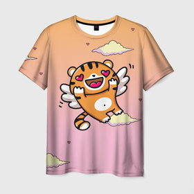 Мужская футболка 3D с принтом милый влюбленный тигренок в Петрозаводске, 100% полиэфир | прямой крой, круглый вырез горловины, длина до линии бедер | 2022 | год тигра | новый год | новый год 2022 | символ года | тигр | тигренок | тигрица | тигры