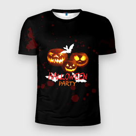 Мужская футболка 3D Slim с принтом Кровавый Halloween в Курске, 100% полиэстер с улучшенными характеристиками | приталенный силуэт, круглая горловина, широкие плечи, сужается к линии бедра | halloween | день всех святых | кровь | летучая мышь | тыква | хэллоуин