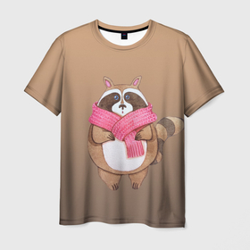 Мужская футболка 3D с принтом акварельный енотик в Петрозаводске, 100% полиэфир | прямой крой, круглый вырез горловины, длина до линии бедер | raccoon cartoon animal | акварель | детский | енот | мультипликационный персонаж | мультяшка | ребенок | рисунок