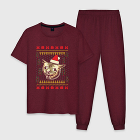Мужская пижама хлопок с принтом Рождественский свитер кашляющий кот в Екатеринбурге, 100% хлопок | брюки и футболка прямого кроя, без карманов, на брюках мягкая резинка на поясе и по низу штанин
 | Тематика изображения на принте: christmas | coughing cat | ugly sweater | вечеринка | кашляющий кот | кот мем | котик | новогодние праздники | новый год | рождественский свитер | рождество | уродливый свитер