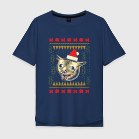 Мужская футболка хлопок Oversize с принтом Рождественский свитер кашляющий кот в Тюмени, 100% хлопок | свободный крой, круглый ворот, “спинка” длиннее передней части | Тематика изображения на принте: christmas | coughing cat | ugly sweater | вечеринка | кашляющий кот | кот мем | котик | новогодние праздники | новый год | рождественский свитер | рождество | уродливый свитер