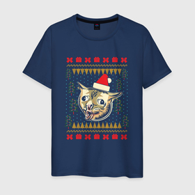 Мужская футболка хлопок с принтом Рождественский свитер кашляющий кот в Тюмени, 100% хлопок | прямой крой, круглый вырез горловины, длина до линии бедер, слегка спущенное плечо. | christmas | coughing cat | ugly sweater | вечеринка | кашляющий кот | кот мем | котик | новогодние праздники | новый год | рождественский свитер | рождество | уродливый свитер