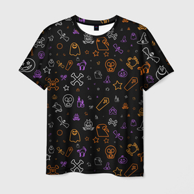 Мужская футболка 3D с принтом ХЕЛЛОУИН ПАТТЕРН НЕОН   HALLOWEEN NEON в Курске, 100% полиэфир | прямой крой, круглый вырез горловины, длина до линии бедер | bats | bones | ghost | halloween | pumpkin | skull | кости | летучие мыши | приведение | призрак | скелет | тыква | хеллоуин | хоррор | хэллоуин