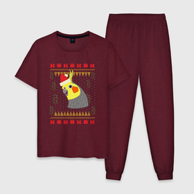 Мужская пижама хлопок с принтом Рождественский свитер Корелла в Курске, 100% хлопок | брюки и футболка прямого кроя, без карманов, на брюках мягкая резинка на поясе и по низу штанин
 | christmas | cockatiel | parrot | ugly sweater | корелла | новогодние праздники | новый год | попугай | птица | рождественский свитер | рождество | уродливый свитер