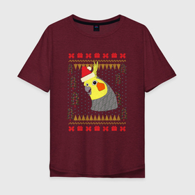 Мужская футболка хлопок Oversize с принтом Рождественский свитер Корелла в Тюмени, 100% хлопок | свободный крой, круглый ворот, “спинка” длиннее передней части | christmas | cockatiel | parrot | ugly sweater | корелла | новогодние праздники | новый год | попугай | птица | рождественский свитер | рождество | уродливый свитер