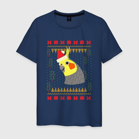 Мужская футболка хлопок с принтом Рождественский свитер Корелла в Санкт-Петербурге, 100% хлопок | прямой крой, круглый вырез горловины, длина до линии бедер, слегка спущенное плечо. | christmas | cockatiel | parrot | ugly sweater | корелла | новогодние праздники | новый год | попугай | птица | рождественский свитер | рождество | уродливый свитер