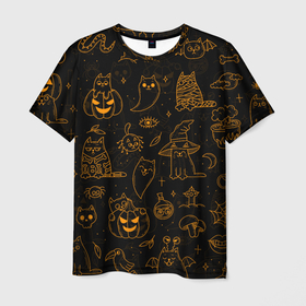 Мужская футболка 3D с принтом ХЕЛЛОУИН ПАТТЕРН КОТИКИ   HALLOWEEN KITTY в Кировске, 100% полиэфир | прямой крой, круглый вырез горловины, длина до линии бедер | Тематика изображения на принте: bats | bones | cat | ghost | halloween | kitty | pumpkin | skull | spider | кости | кот | кошка | летучие мыши | паук | паутина | приведение | призрак | скелет | тыква | хеллоуин | хоррор | хэллоуин
