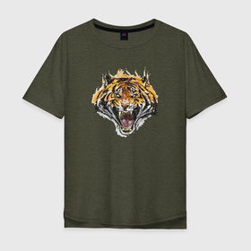 Мужская футболка хлопок Oversize с принтом Ярость  тигра в Санкт-Петербурге, 100% хлопок | свободный крой, круглый ворот, “спинка” длиннее передней части | tiger | в шапке | год тигра | голова | кошка | крутой | тигр | тигренок | хипстер