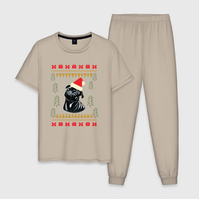 Мужская пижама хлопок с принтом Рождественский свитер Черный мопс в Тюмени, 100% хлопок | брюки и футболка прямого кроя, без карманов, на брюках мягкая резинка на поясе и по низу штанин
 | christmas | ugly sweater | вечеринка | мопс | новогодние праздники | новый год | рождественский свитер | рождество | собака | собачка | уродливый свитер | черный мопс