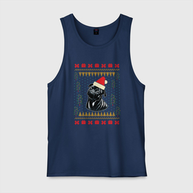 Мужская майка хлопок с принтом Рождественский свитер Черный мопс в Тюмени, 100% хлопок |  | christmas | ugly sweater | вечеринка | мопс | новогодние праздники | новый год | рождественский свитер | рождество | собака | собачка | уродливый свитер | черный мопс