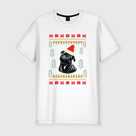 Мужская футболка хлопок Slim с принтом Рождественский свитер Черный мопс в Тюмени, 92% хлопок, 8% лайкра | приталенный силуэт, круглый вырез ворота, длина до линии бедра, короткий рукав | christmas | ugly sweater | вечеринка | мопс | новогодние праздники | новый год | рождественский свитер | рождество | собака | собачка | уродливый свитер | черный мопс